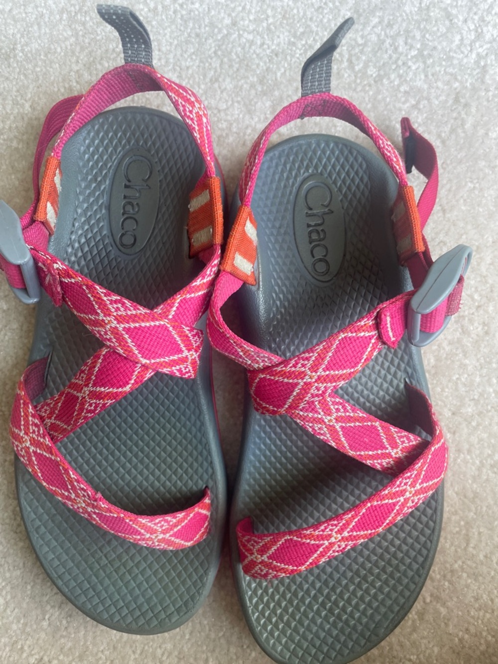 Chaco Kids’ Pink Patterned Webbing Sandals with Gray Footbeds - Picture 5 of 11